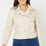 Faux Leather Stone Biker Jacket – Womens – Natural – Size: 14