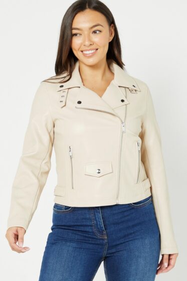 Faux Leather Stone Biker Jacket – Womens – Natural – Size: 14